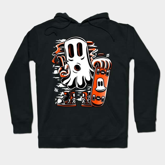 Skater Ghost Halloween Funny Orange Hoodie by Ken Adams Store